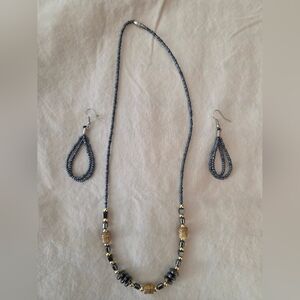 Beaded Necklace and Matching Earrings Black, Gold Tone and Earth Tone Accents